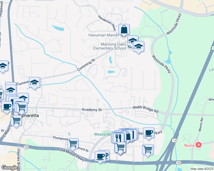 map of restaurants, bars, coffee shops, grocery stores, and more near 440 Brown Thrasher Court in Alpharetta