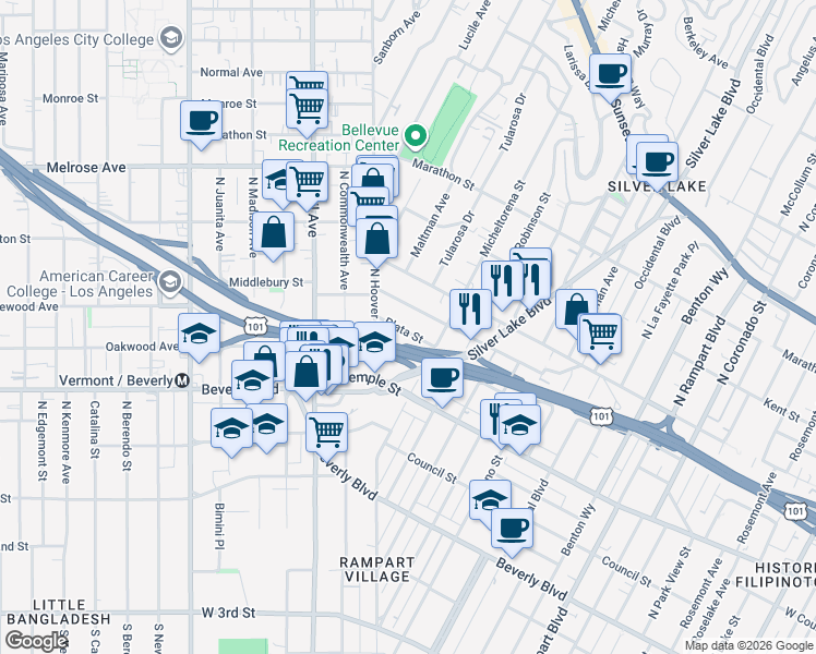 map of restaurants, bars, coffee shops, grocery stores, and more near 3422 London Street in Los Angeles
