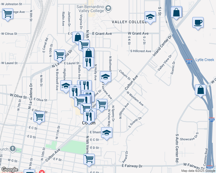 map of restaurants, bars, coffee shops, grocery stores, and more near 1050 East Olive Street in Colton