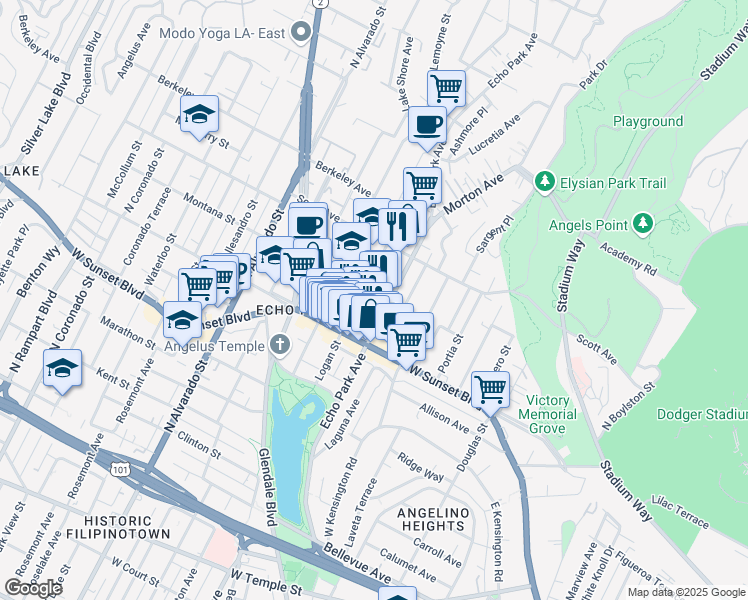 map of restaurants, bars, coffee shops, grocery stores, and more near 1615 Montana Street in Los Angeles