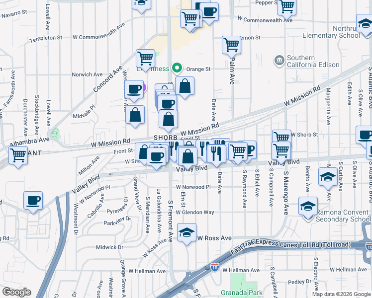 map of restaurants, bars, coffee shops, grocery stores, and more near 1316 Elm Street in Alhambra