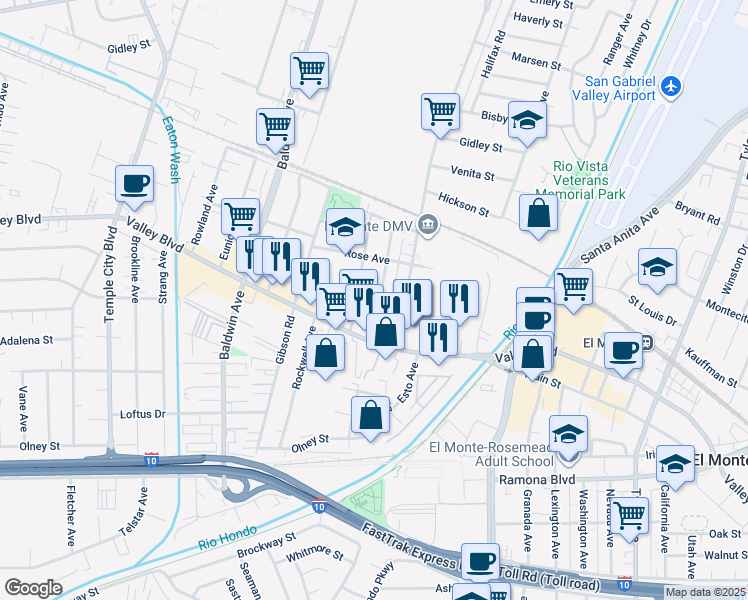 map of restaurants, bars, coffee shops, grocery stores, and more near 3905 De Garmo Avenue in El Monte