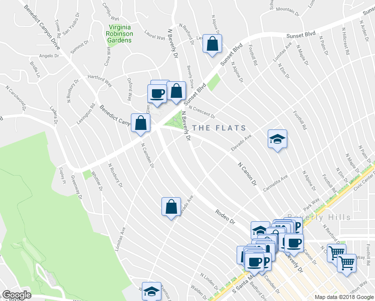map of restaurants, bars, coffee shops, grocery stores, and more near 717 North Beverly Drive in Beverly Hills