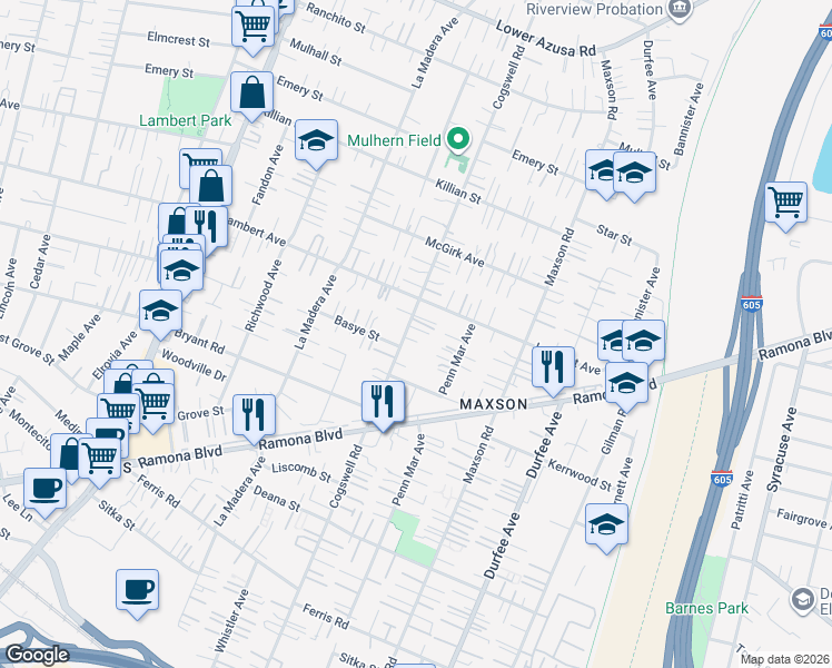 map of restaurants, bars, coffee shops, grocery stores, and more near 4214 Cogswell Road in El Monte