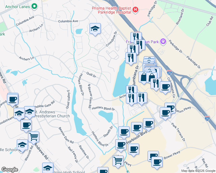 map of restaurants, bars, coffee shops, grocery stores, and more near 46 Crossbow Lakes Court in Columbia