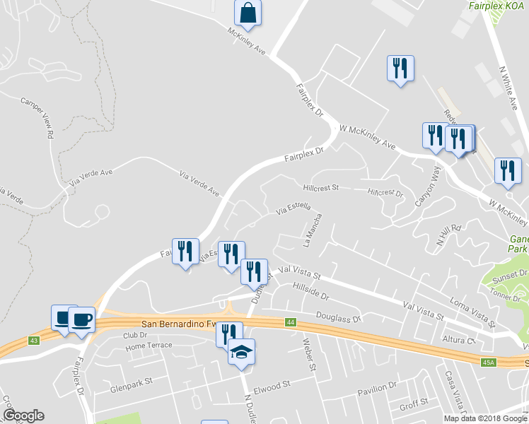 map of restaurants, bars, coffee shops, grocery stores, and more near 1758 Del Prado in Pomona