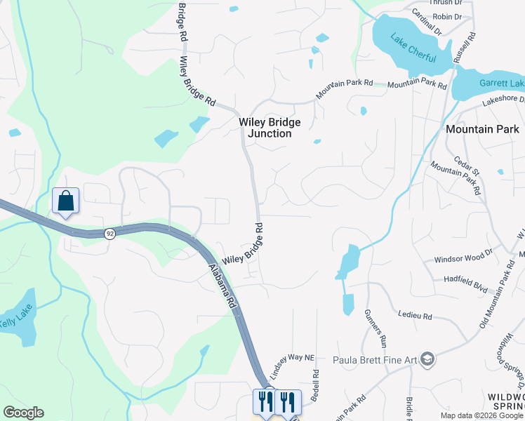map of restaurants, bars, coffee shops, grocery stores, and more near 998 Wiley Bridge Road in Woodstock