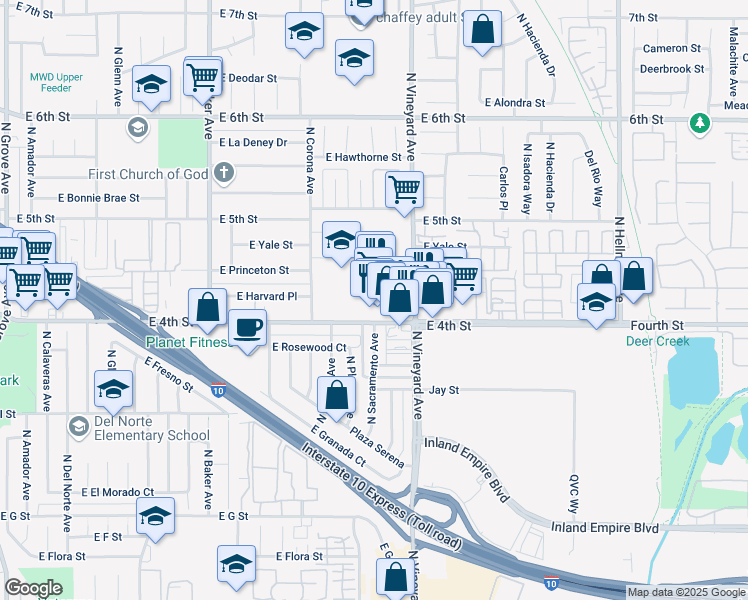 map of restaurants, bars, coffee shops, grocery stores, and more near 1816 East 4th Street in Ontario