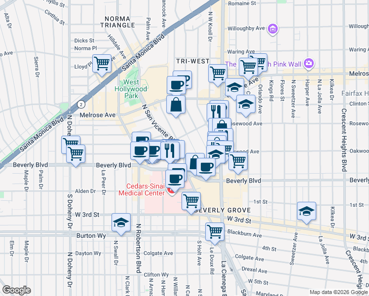 map of restaurants, bars, coffee shops, grocery stores, and more near 364 North San Vicente Boulevard in West Hollywood