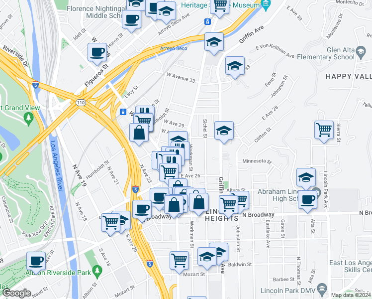 map of restaurants, bars, coffee shops, grocery stores, and more near 2666 Pasadena Avenue in Los Angeles