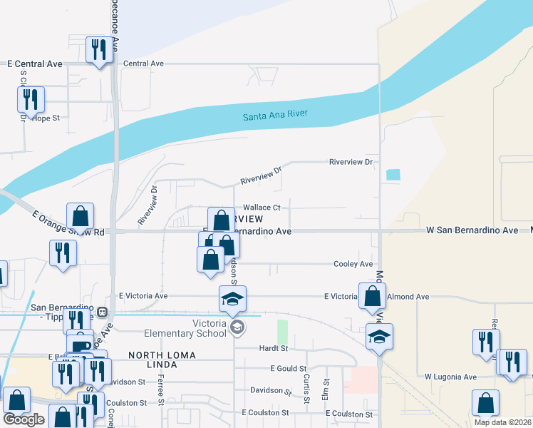 map of restaurants, bars, coffee shops, grocery stores, and more near 1717 Wallace Ct in San Bernardino