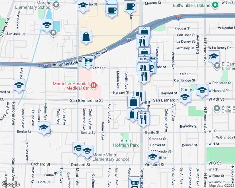 map of restaurants, bars, coffee shops, grocery stores, and more near 5143 Harvard Street in Montclair