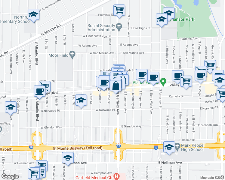 map of restaurants, bars, coffee shops, grocery stores, and more near 101 East Valley Boulevard in Alhambra