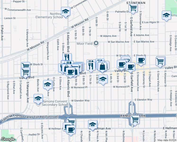 map of restaurants, bars, coffee shops, grocery stores, and more near 707 West Valley Boulevard in Alhambra