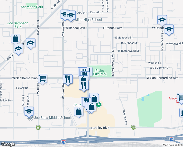 map of restaurants, bars, coffee shops, grocery stores, and more near 152 East San Bernardino Avenue in Rialto