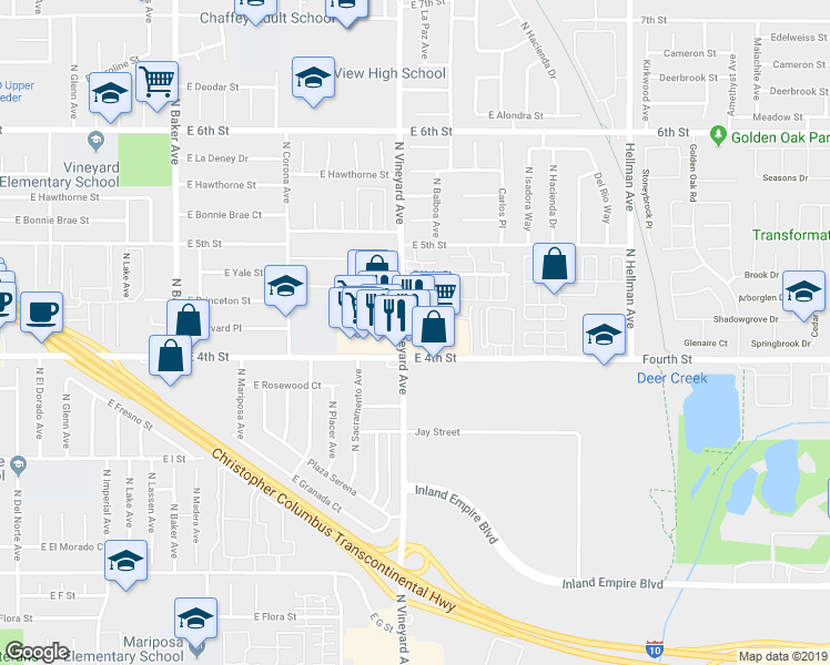 map of restaurants, bars, coffee shops, grocery stores, and more near 1919 East 4th Street in Ontario