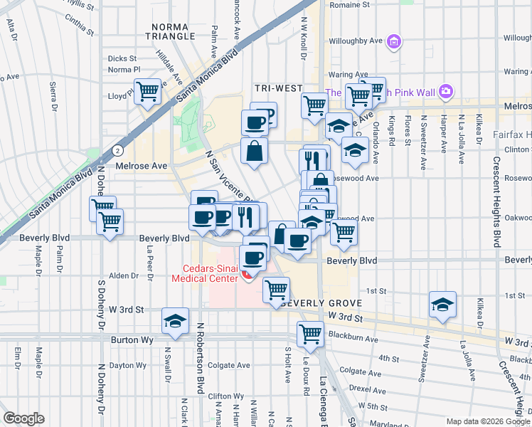 map of restaurants, bars, coffee shops, grocery stores, and more near 364 North San Vicente Boulevard in West Hollywood