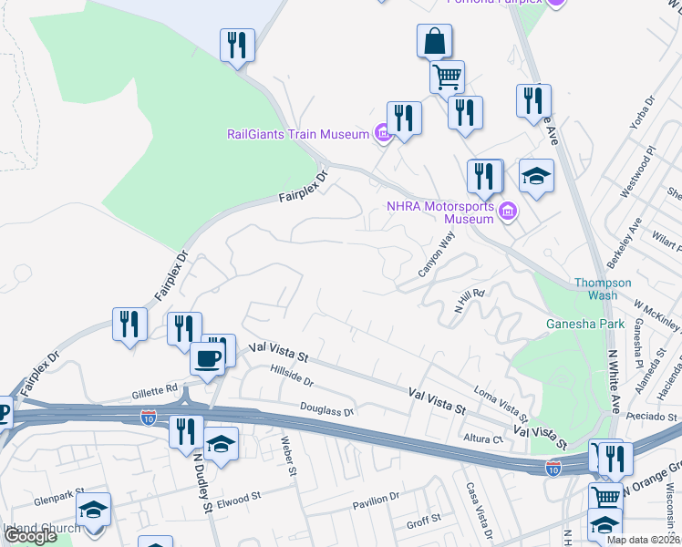 map of restaurants, bars, coffee shops, grocery stores, and more near 1295 Loma Vista Street in Pomona