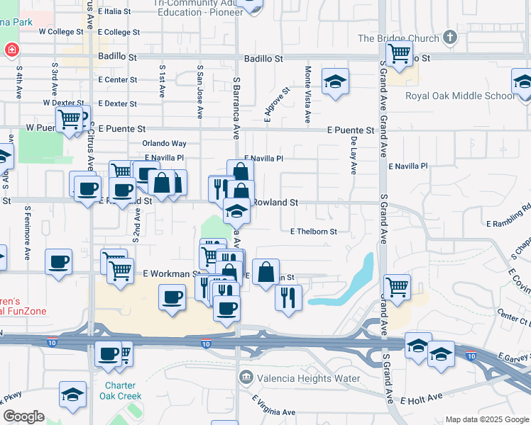 map of restaurants, bars, coffee shops, grocery stores, and more near 604 East Rowland Street in Covina
