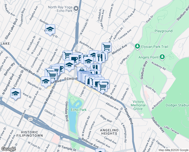 map of restaurants, bars, coffee shops, grocery stores, and more near 1615 Montana Street in Los Angeles