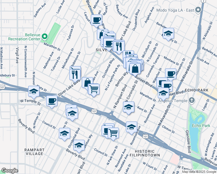 map of restaurants, bars, coffee shops, grocery stores, and more near 718 North La Fayette Park Place in Los Angeles