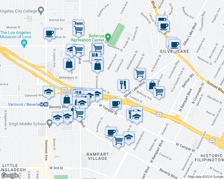 map of restaurants, bars, coffee shops, grocery stores, and more near 3422 London Street in Los Angeles