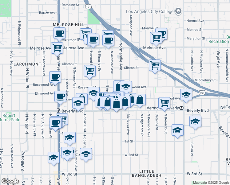 map of restaurants, bars, coffee shops, grocery stores, and more near 426 North Ardmore Avenue in Los Angeles