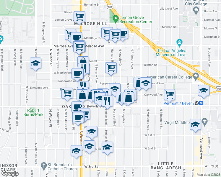 map of restaurants, bars, coffee shops, grocery stores, and more near 433 North Harvard Boulevard in Los Angeles