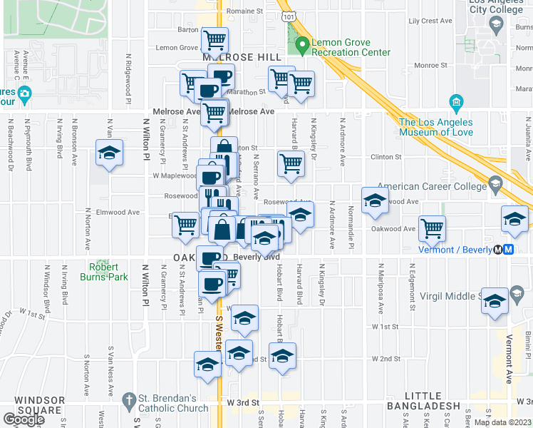map of restaurants, bars, coffee shops, grocery stores, and more near 428 North Serrano Avenue in Los Angeles