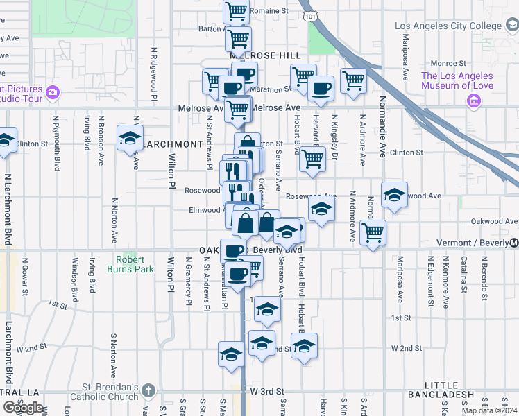 map of restaurants, bars, coffee shops, grocery stores, and more near 427 North Oxford Avenue in Los Angeles