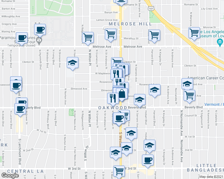 map of restaurants, bars, coffee shops, grocery stores, and more near 4757 1/2 Elmwood Avenue in Los Angeles