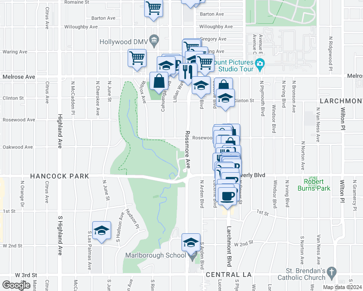 map of restaurants, bars, coffee shops, grocery stores, and more near 445 North Rossmore Avenue in Los Angeles