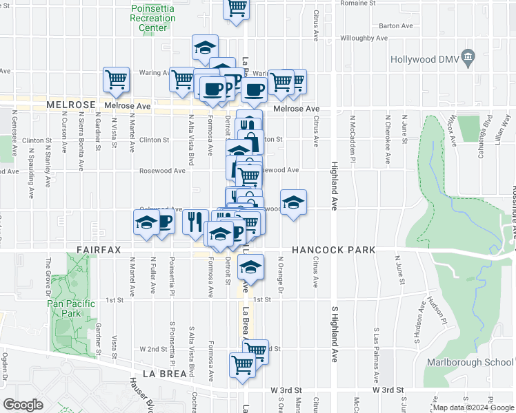 map of restaurants, bars, coffee shops, grocery stores, and more near in Los Angeles