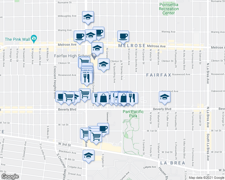 map of restaurants, bars, coffee shops, grocery stores, and more near 411 North Spaulding Avenue in Los Angeles