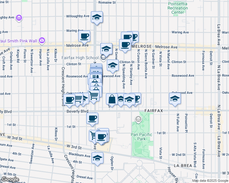 map of restaurants, bars, coffee shops, grocery stores, and more near 408 North Ogden Drive in Los Angeles