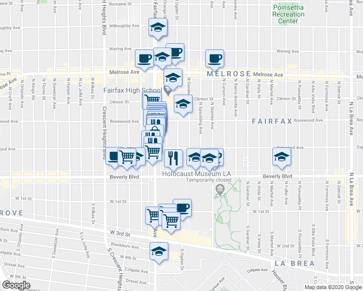 map of restaurants, bars, coffee shops, grocery stores, and more near 408 North Ogden Drive in Los Angeles