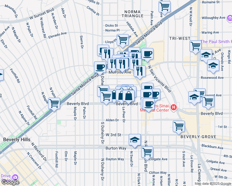 map of restaurants, bars, coffee shops, grocery stores, and more near 8940 Ashcroft Avenue in West Hollywood