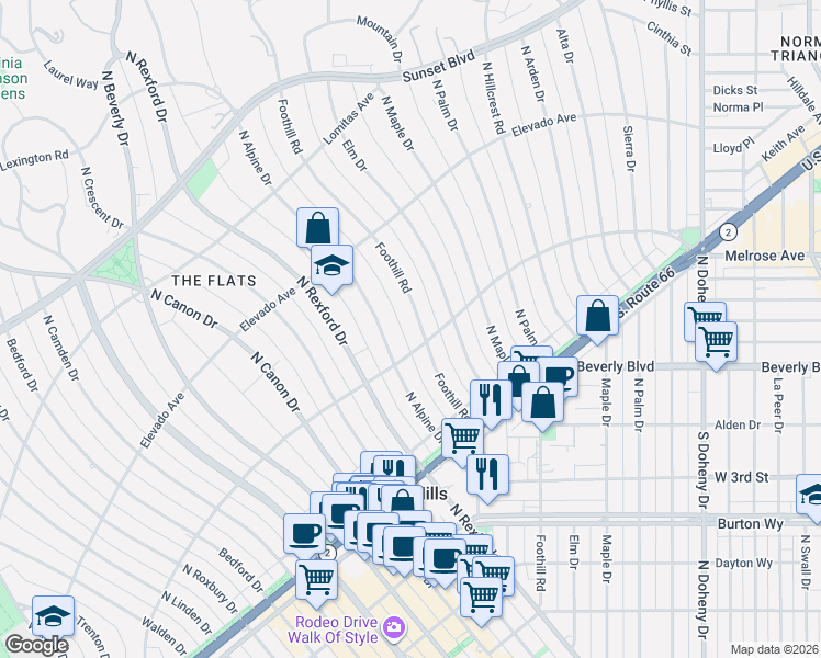 map of restaurants, bars, coffee shops, grocery stores, and more near 605 Foothill Road in Beverly Hills