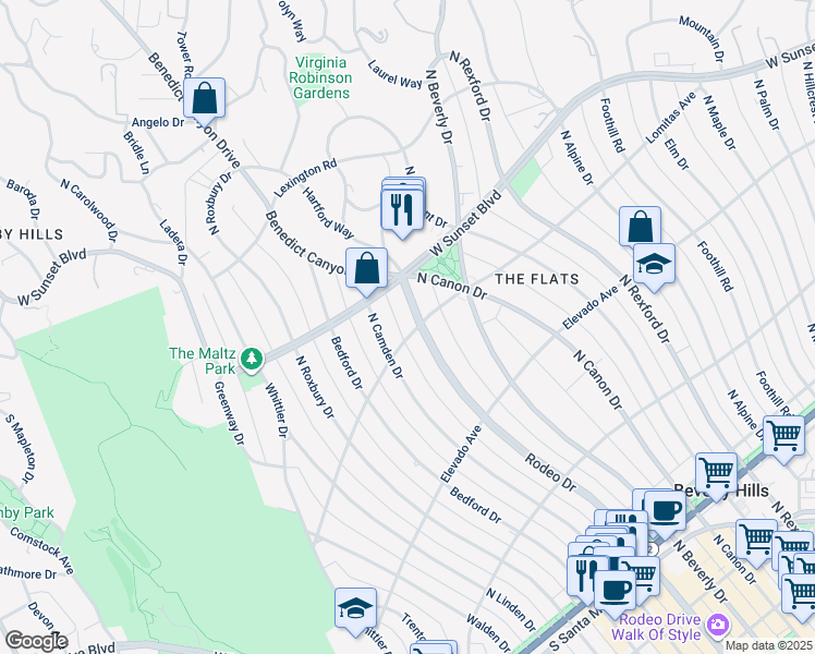 map of restaurants, bars, coffee shops, grocery stores, and more near 806 North Camden Drive in Beverly Hills