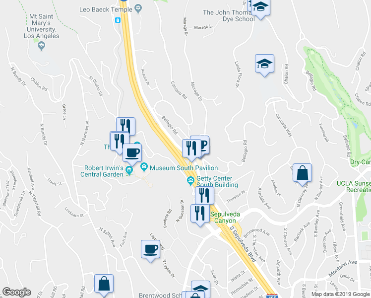 map of restaurants, bars, coffee shops, grocery stores, and more near 11720 Bellagio Road in Los Angeles