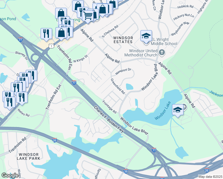 map of restaurants, bars, coffee shops, grocery stores, and more near 109 Baynard Court in Columbia