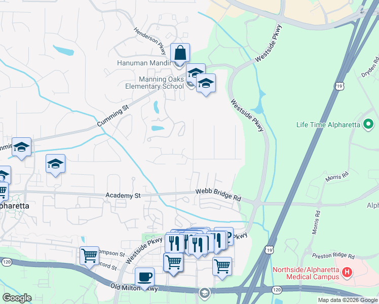 map of restaurants, bars, coffee shops, grocery stores, and more near 2800 Laurelwood Lane in Alpharetta