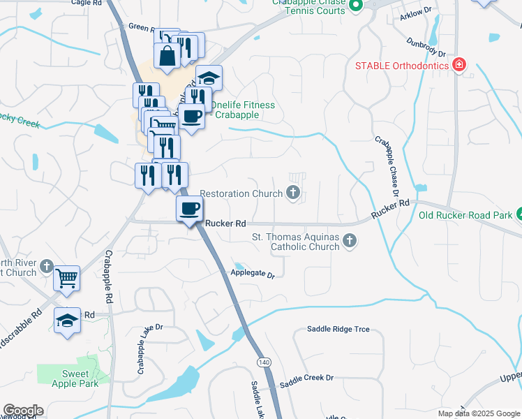 map of restaurants, bars, coffee shops, grocery stores, and more near 12163 Limeridge Court in Alpharetta