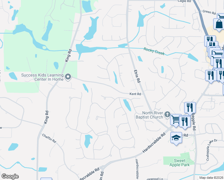 map of restaurants, bars, coffee shops, grocery stores, and more near 360 Kent Road in Roswell