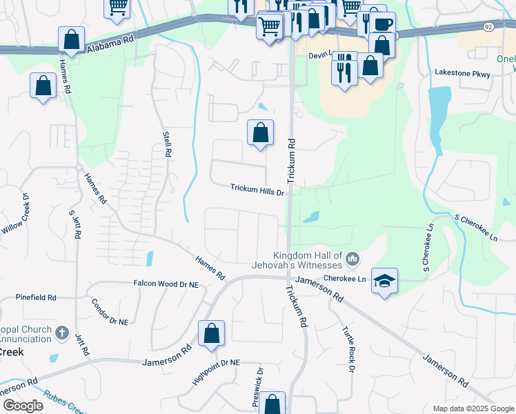 map of restaurants, bars, coffee shops, grocery stores, and more near 148 Sierra Circle in Woodstock