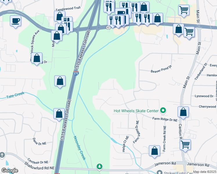 map of restaurants, bars, coffee shops, grocery stores, and more near 326 Old Farm Road in Woodstock