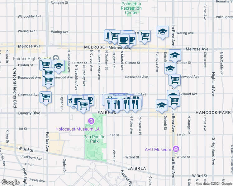map of restaurants, bars, coffee shops, grocery stores, and more near 7423 Oakwood Avenue in Los Angeles