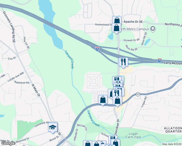 map of restaurants, bars, coffee shops, grocery stores, and more near 4620 Liberty Square Drive in Acworth