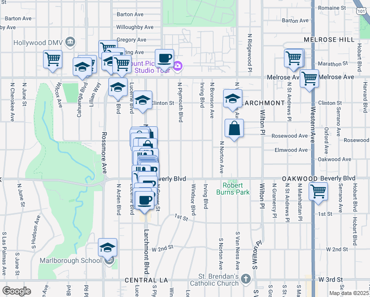map of restaurants, bars, coffee shops, grocery stores, and more near 428 North Plymouth Boulevard in Los Angeles