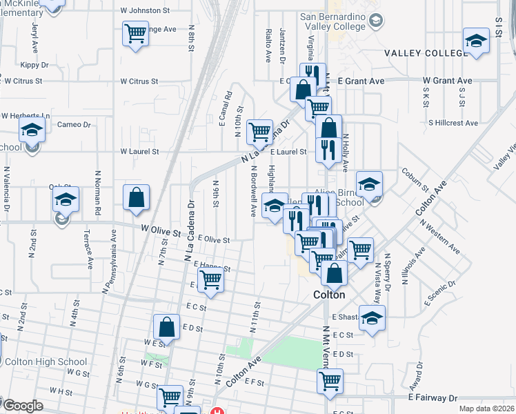 map of restaurants, bars, coffee shops, grocery stores, and more near 1246 North Bordwell Avenue in Colton